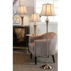Flash Sale 🔥 StyleCraft Home Collection StyleCraft 3 Piece Brushed Nickel Floor And Table Lamp Set - Geneva Taupe Fabric Shade 😀