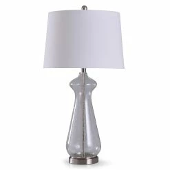 Best Sale 🥰 StyleCraft Home Collection StyleCraft Allen Brushed Steel With Clear Seeded Glass Table Lamp With White Tapered Drum Shade 🤩