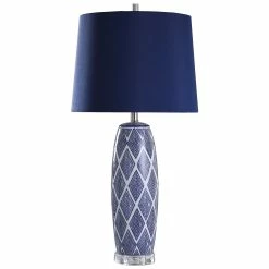 Wholesale 🛒 StyleCraft Home Collection StyleCraft Alton White And Blue Geometric Diamond Pattern Ceramic Table Lamp With Blue Shade ⭐