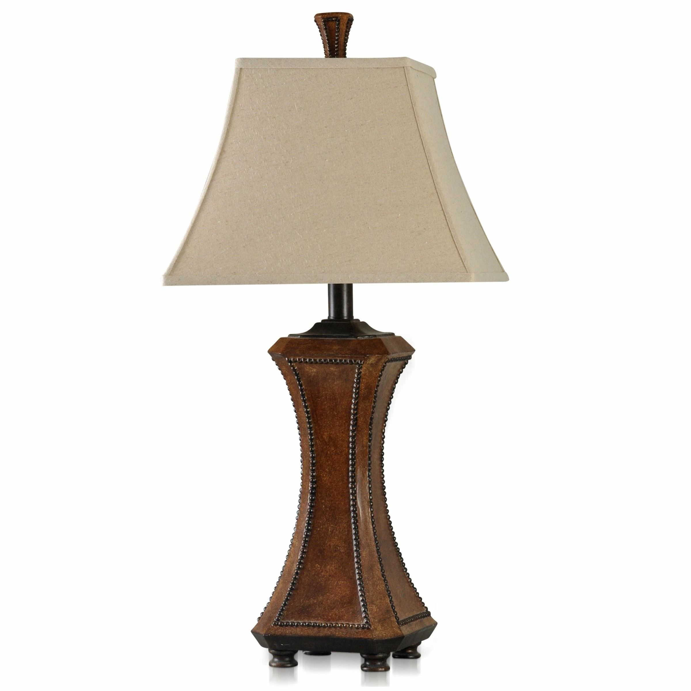 Promo ๐ฅ StyleCraft Home Collection StyleCraft Archer Faux Wood And Nailhead Trim Table Lamp With Light Beige With Trim Fabric Shade ๐