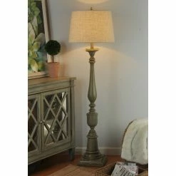 Buy 🛒 StyleCraft Home Collection Bourgault - Antique French Farmhouse Floor Lamp - Olive Green Finish - Heather Oatmeal Empire Shade 😍