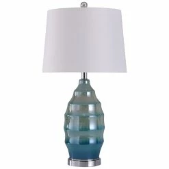 Deals 🎁 StyleCraft Home Collection StyleCraft Bella Chrome With Blue Ribbed Glass Table Lamp With White Tapered Drum Shade ❤️