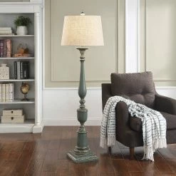 Coupon ⌛ StyleCraft Home Collection Bourgault - Antique French Farmhouse Floor Lamp - Deep Olive Sea Blue Finish - Heather Oatmeal Empire Shade 🔥