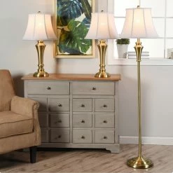 Best Pirce 🥰 StyleCraft Home Collection StyleCraft Brass Wood Floor And Table Lamp Set - Geneva White Fabric Shade (Set Of 3) ✔️