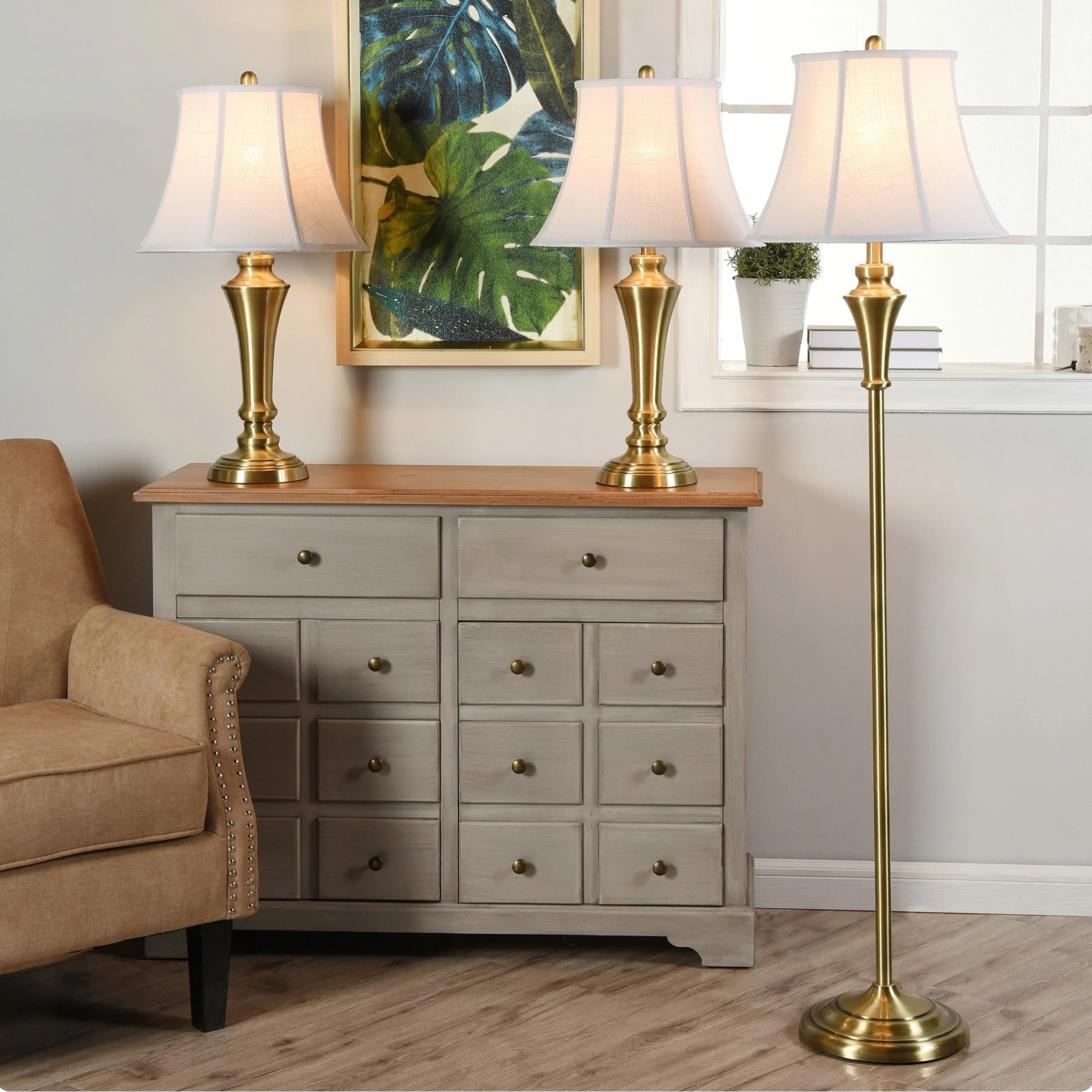 Best Pirce 🥰 StyleCraft Home Collection StyleCraft Brass Wood Floor And Table Lamp Set - Geneva White Fabric Shade (Set Of 3) ✔️