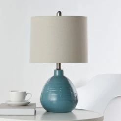 Buy 👏 StyleCraft Home Collection StyleCraft Cameron Ceramic Seaside Storm Blue Table Lamp - Beige Hardback Linen Shade ⭐