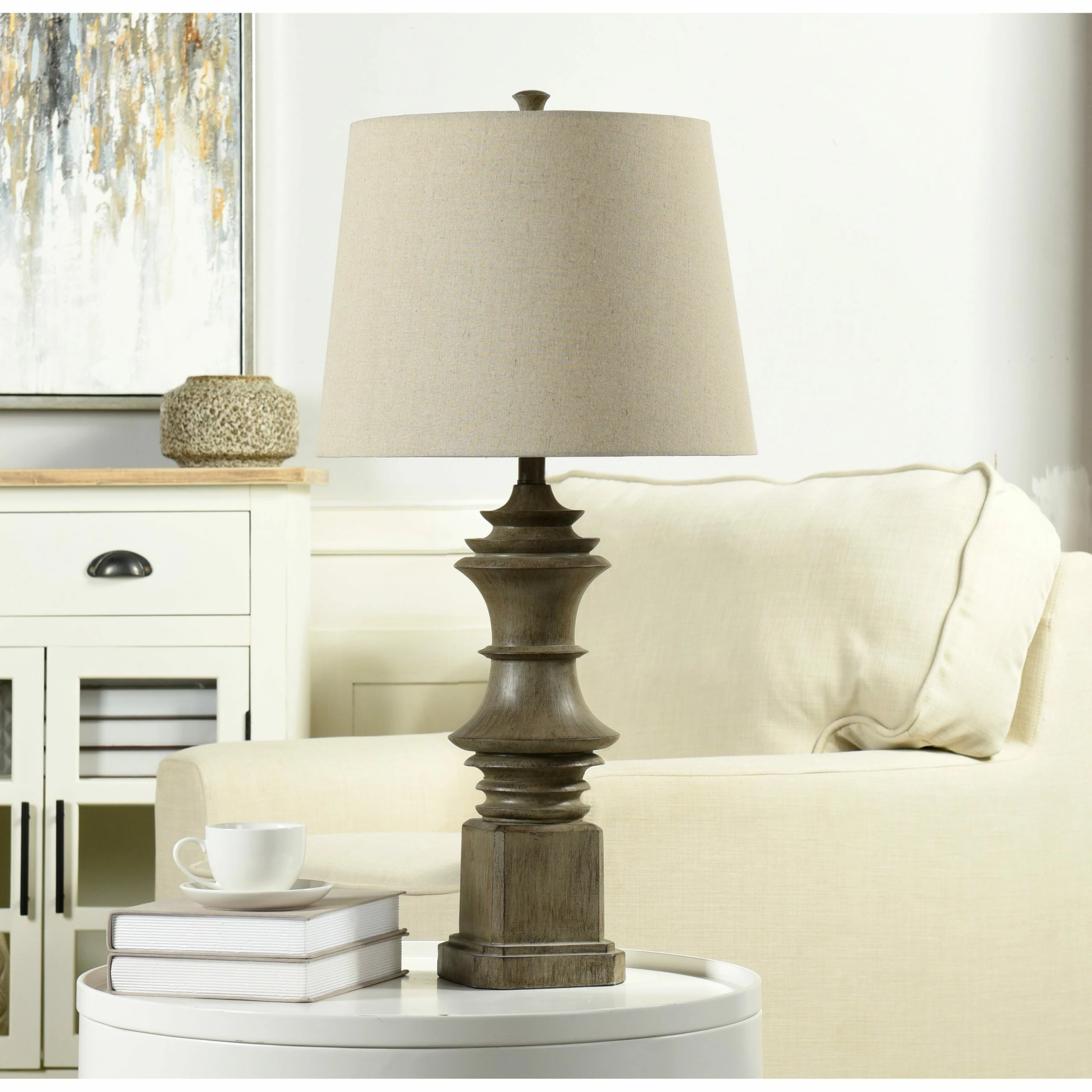 Promo ๐ StyleCraft Home Collection StyleCraft Finn Dark Wood Grain Baluster Table Lamp With Tan Tapered Drum Shade ๐ - Image 2