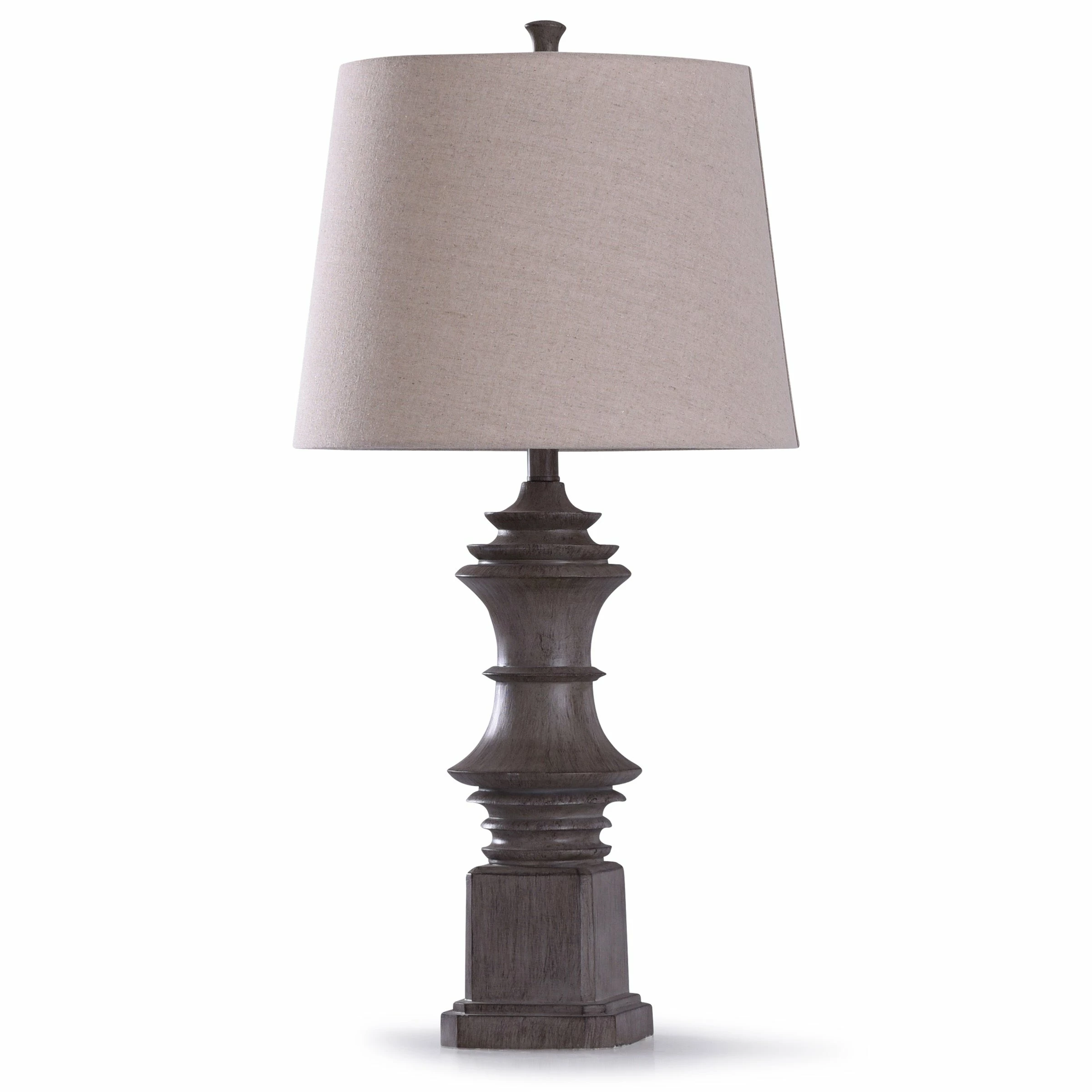 Promo ๐ StyleCraft Home Collection StyleCraft Finn Dark Wood Grain Baluster Table Lamp With Tan Tapered Drum Shade ๐