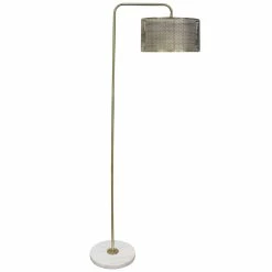 Flash Sale ⌛ StyleCraft Home Collection StyleCraft Hastings Brass Extended Arm Floor Lamp With Marble Base - Diamond Pattern Mesh Metal With Inner Fabric Shade ✨