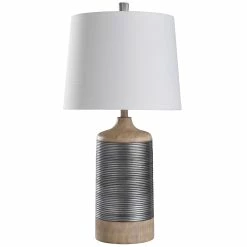 Best Sale 🛒 StyleCraft Home Collection StyleCraft Haver Hill Light Tan Wood With Ribbed Silver Band Table Lamp ✨
