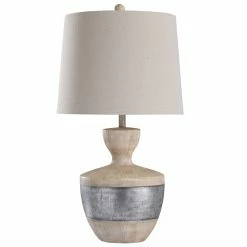 Hot Sale ⭐ StyleCraft Home Collection StyleCraft Haver Hill Light Tan Wood With Silver Band Table Lamp 😀