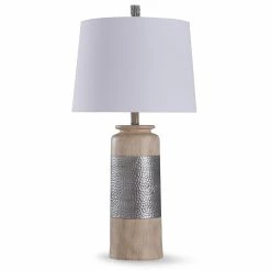 Best Pirce 🧨 StyleCraft Home Collection StyleCraft Haverhill Silver And Tan 🔨 Hammered Banded Table Lamp With Off White Tapered Drum ⌛