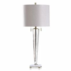 Discount 🤩 StyleCraft Home Collection StyleCraft Jasper Chrome Transitional Pillar Design Glass Body Table Lamp With Light Grey Fabric Shade 🧨