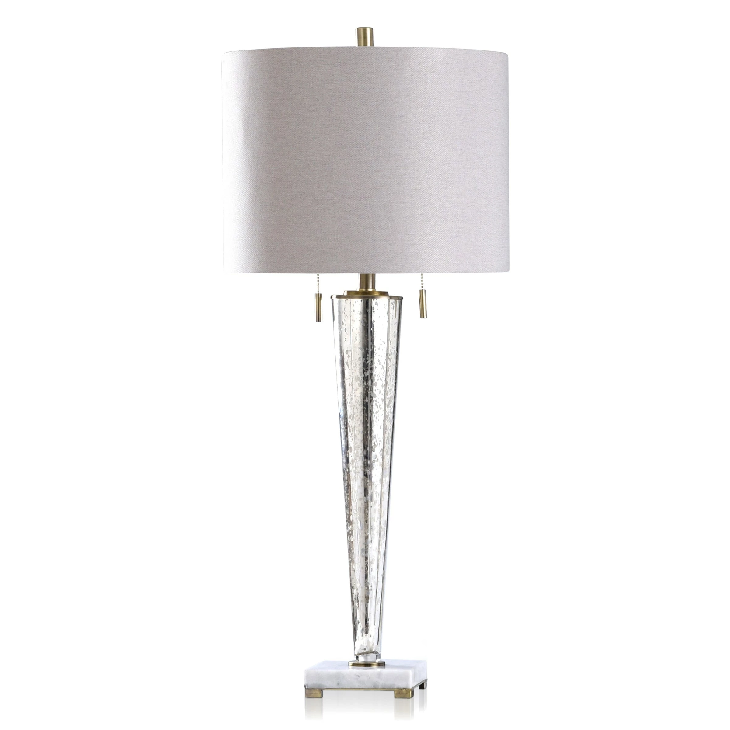 Discount 🤩 StyleCraft Home Collection StyleCraft Jasper Chrome Transitional Pillar Design Glass Body Table Lamp With Light Grey Fabric Shade 🧨