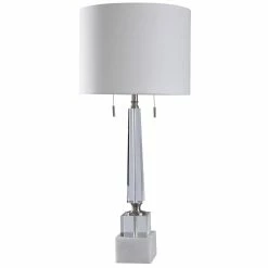 Budget 🔔 StyleCraft Home Collection StyleCraft Kingston Silver Twin Pull Shade Crystal Glass Column Table Lamp - Drum Shade 🌟