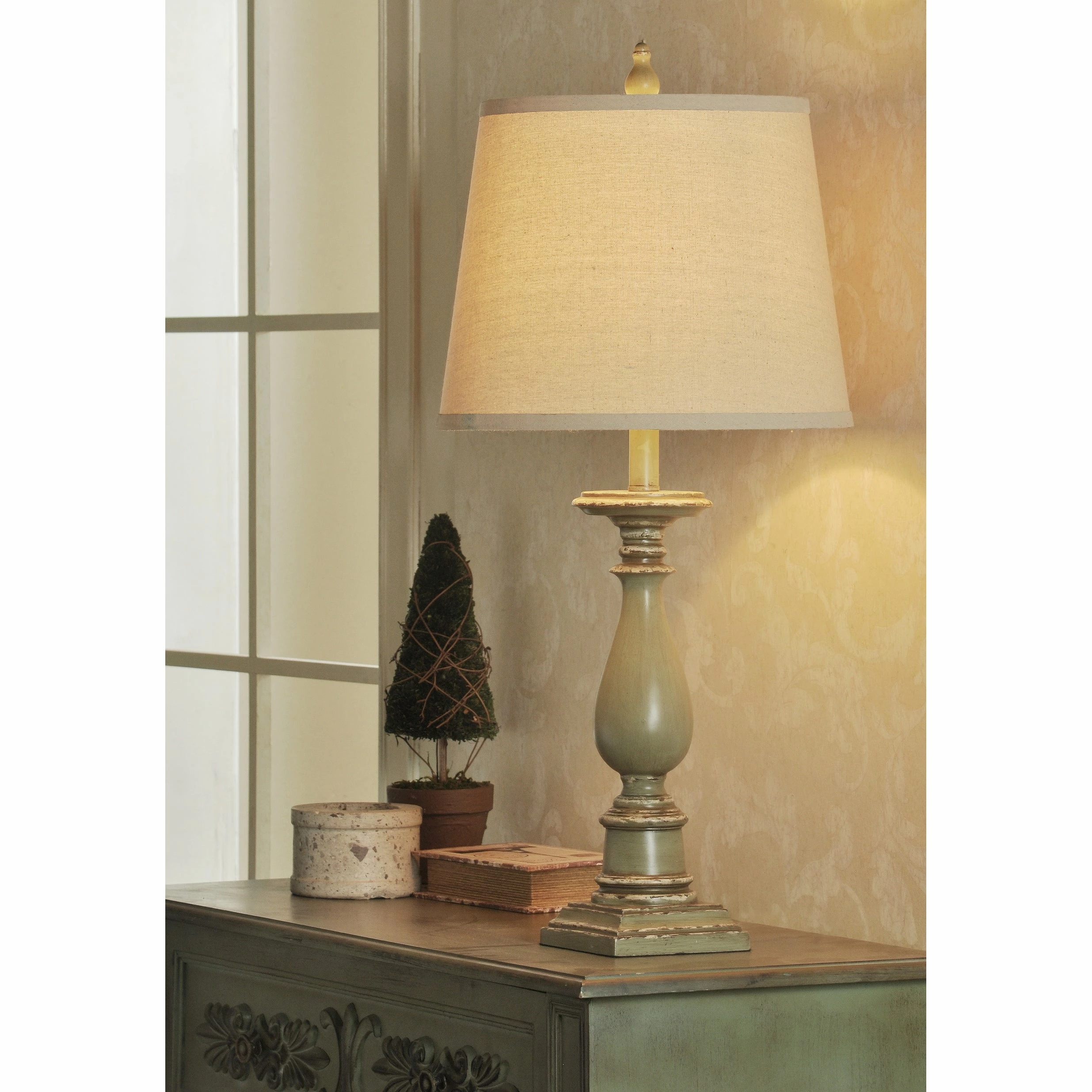 Promo โค๏ธ StyleCraft Home Collection StyleCraft Mackinaw Distressed Green Table Lamp - Off-White Hardback Fabric Shade ๐ - Image 8