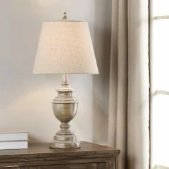Buy 🌟 StyleCraft Home Collection StyleCraft Marion Weathered Grey Table Lamp - Heathered Light Beige Shade 🛒