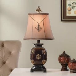 Best deal 😉 StyleCraft Home Collection StyleCraft Maximus Bronze Mini Accent Table Lamp With Fleur De Lis Pendant - Beige Fabric Shade 🎉