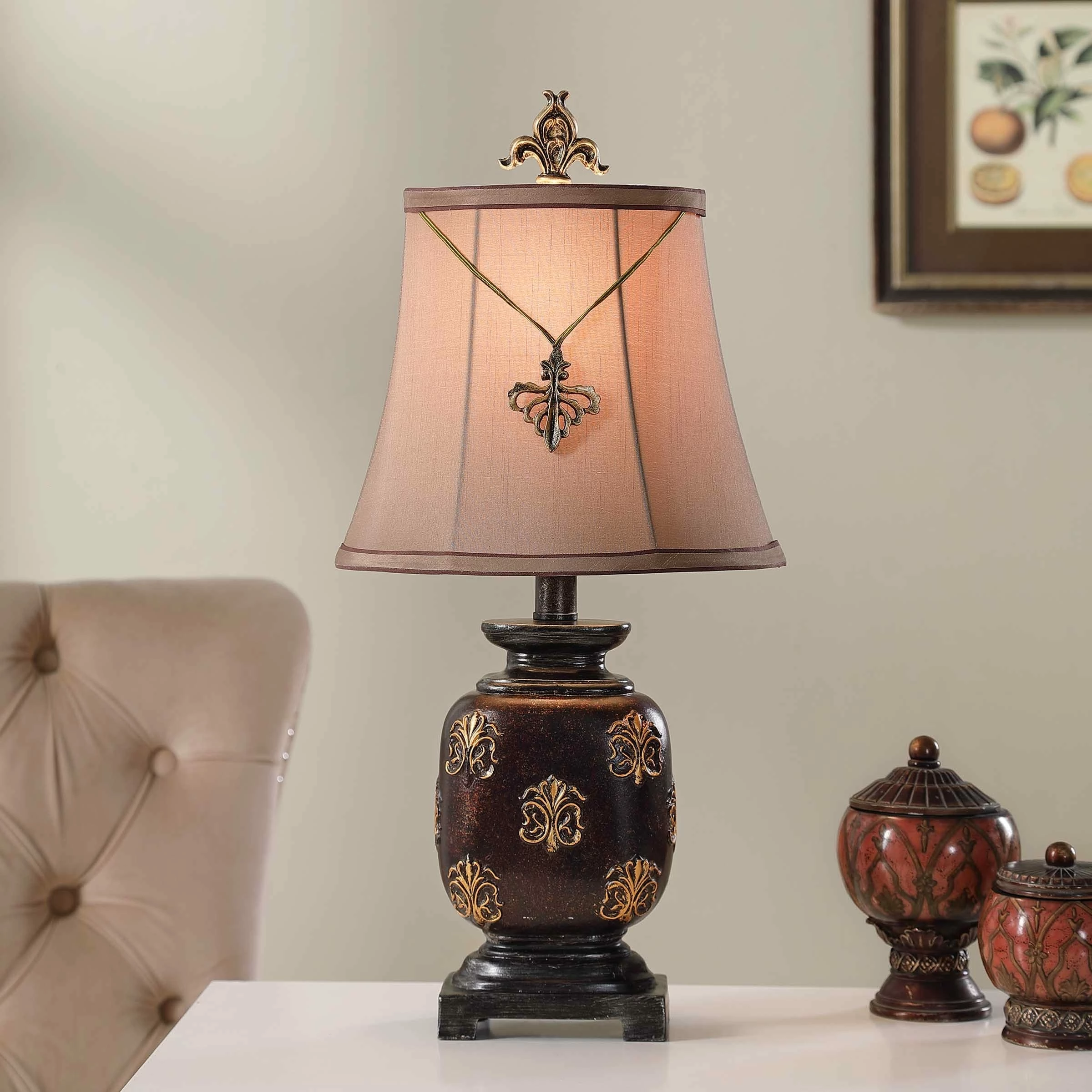 Best deal ๐ StyleCraft Home Collection StyleCraft Maximus Bronze Mini Accent Table Lamp With Fleur De Lis Pendant - Beige Fabric Shade ๐