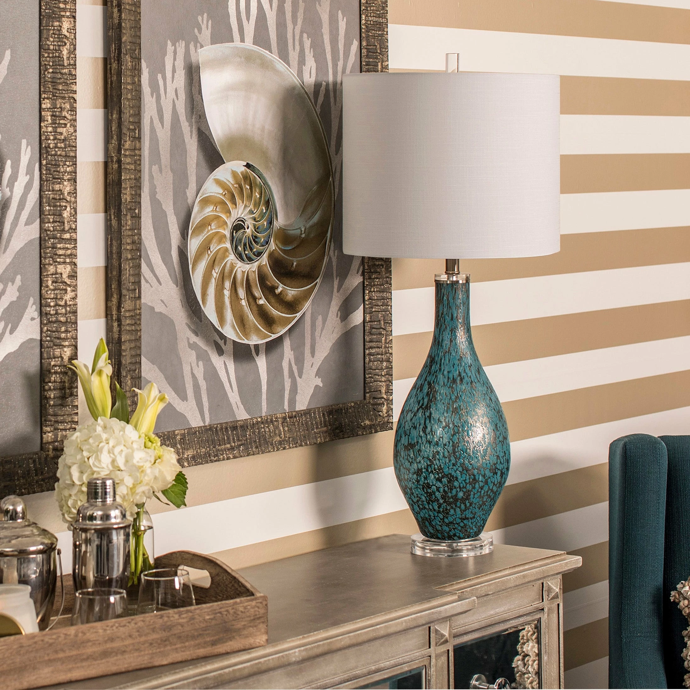 Best Sale โญ StyleCraft Home Collection StyleCraft Modbury Artistic Blue Glass Table Lamp With Clear Acrylic Detail And White Drum Shade ๐ - Image 2