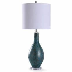 Best Sale ⭐ StyleCraft Home Collection StyleCraft Modbury Artistic Blue Glass Table Lamp With Clear Acrylic Detail And White Drum Shade 🎉