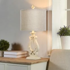Best Sale 👍 StyleCraft Home Collection StyleCraft Robert Distressed White Table Lamp - Textured Beige And Gray Shade 👍