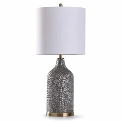 Hot Sale 🔥 StyleCraft Home Collection StyleCraft Rochford Antique Brass Silver Textured Glass Table Lamp With White Drum Shade 🛒