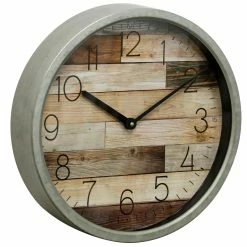 Deals ✨ StyleCraft Home Collection StyleCraft Semi-Gloss Gray Round Framed Faux Plank Wood Wall Clock With Glass Front ❤️