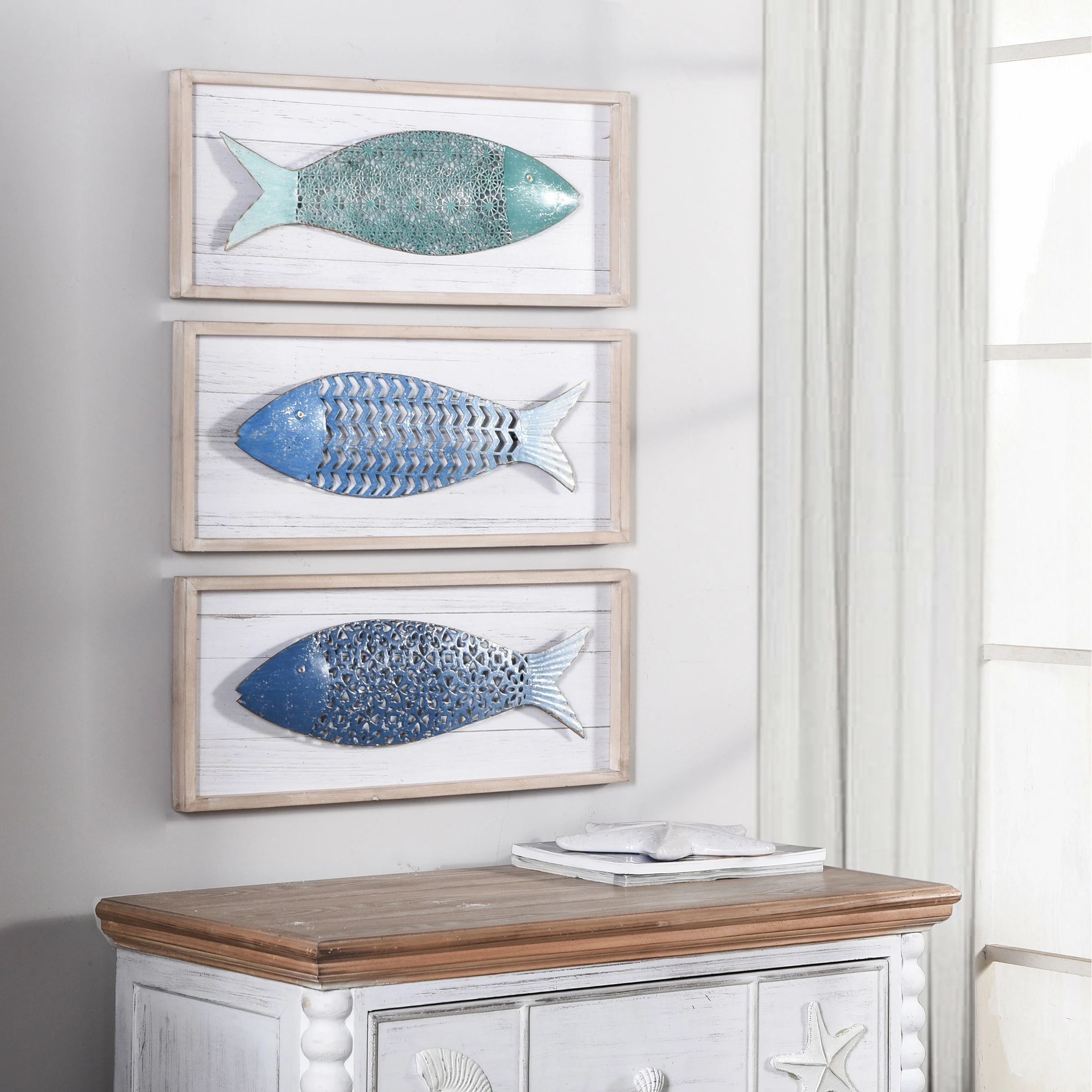 Best Sale 🔔 StyleCraft Home Collection StyleCraft School Of Three Blue Metal Fish Wood Panels (Set Of 3) 😀