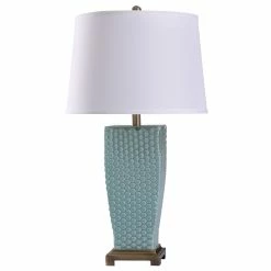 Outlet 👍 StyleCraft Home Collection StyleCraft Sea Brass With Blue Glass Dimpled Glass Table Lamp With White Tapered Drum Shade 🤩
