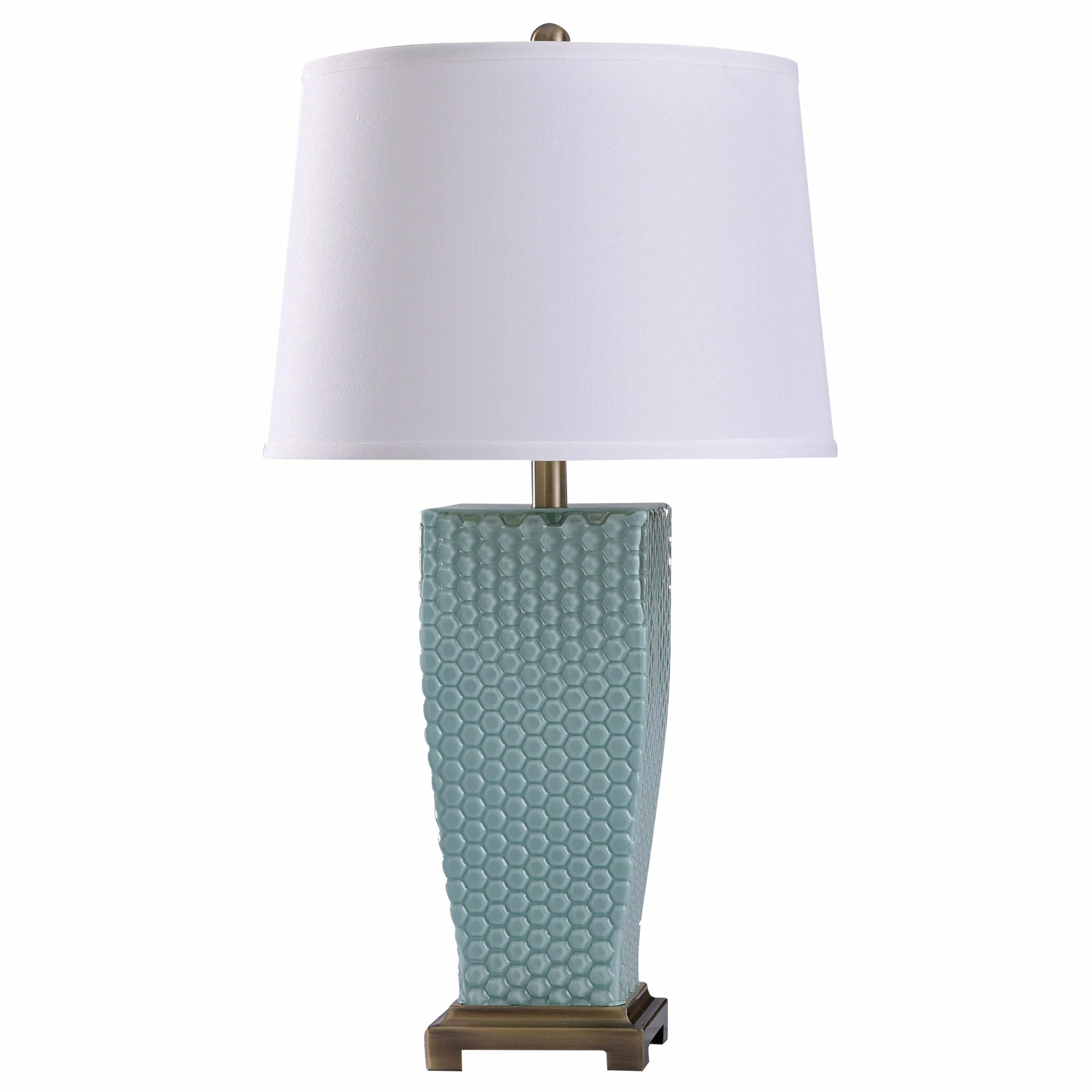 Outlet ๐ StyleCraft Home Collection StyleCraft Sea Brass With Blue Glass Dimpled Glass Table Lamp With White Tapered Drum Shade ๐คฉ