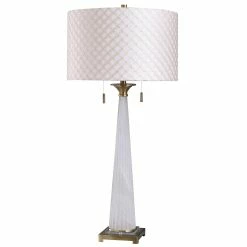 Budget 🤩 StyleCraft Home Collection StyleCraft Sona Brushed Gold With White Ribbed Glass Tower Table Lamp With Lattice Textured Drum Shade 😀