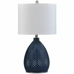 Cheap 😍 StyleCraft Home Collection StyleCraft 1-light Glass Table Lamp With White Linen Shade Navy Blue 😀