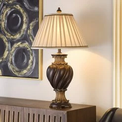 Outlet 🥰 StyleCraft Home Collection StyleCraft Barbados Dark Brown With Khasi Silver Table Lamp - Cream Fabric Shade 👏