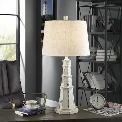 Buy ⌛ StyleCraft Home Collection StyleCraft Berwyn Distressed White Light House Table Lamp With Oatmeal Tapered Drum Shade 🤩