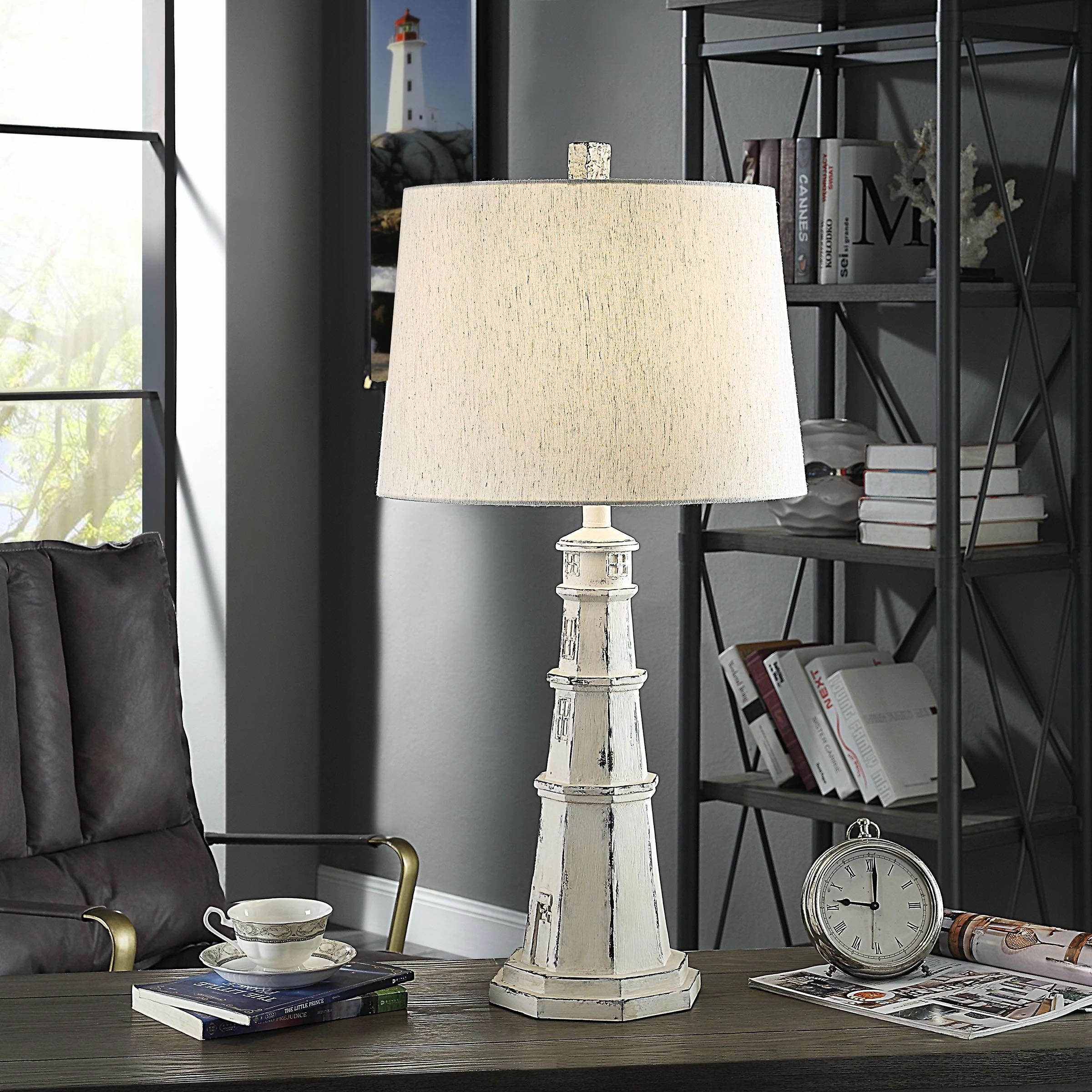 Buy ⌛ StyleCraft Home Collection StyleCraft Berwyn Distressed White Light House Table Lamp With Oatmeal Tapered Drum Shade 🤩
