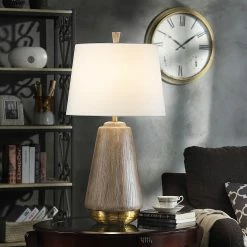 Buy ⭐ StyleCraft Home Collection StyleCraft Bondi Round Faux Wood Table Lamp With 🔨 Hammered Brass Base 😀