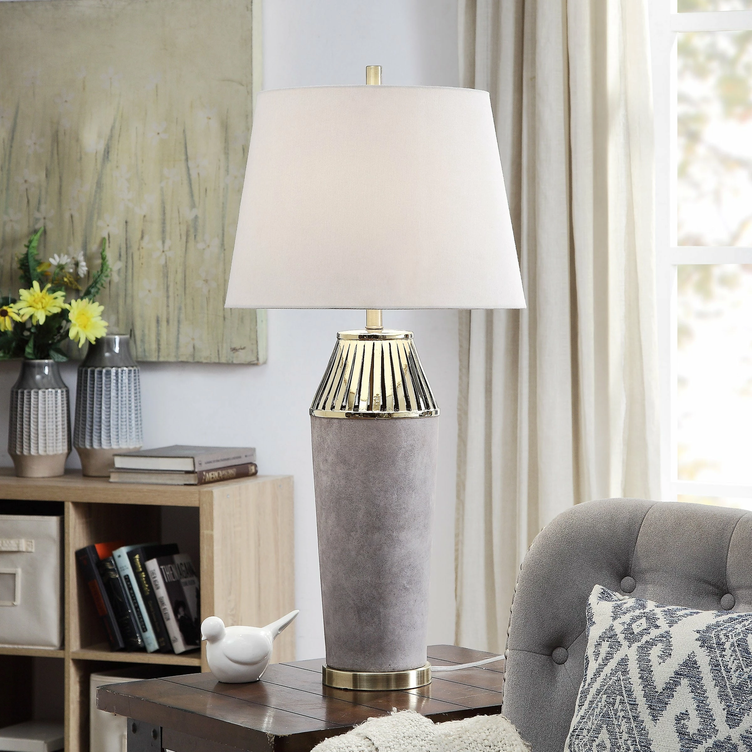 Budget 🤩 StyleCraft Home Collection StyleCraft Bromyard Gray Ceramic Column With Slotted Brass Top Table Lamp 😉