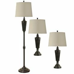 Buy ⌛ StyleCraft Home Collection StyleCraft Bronze Wood Table And Floor Lamp - White Hardback Fabric Shade (Set Of 3) 😍