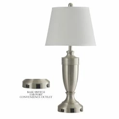 Discount 🥰 StyleCraft Home Collection StyleCraft Brushed Steel Metal Table Lamp With Outlet - White Hardback Shade ⌛