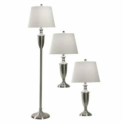 Buy 😍 StyleCraft Home Collection StyleCraft Brushed Steel Table And Floor Lamp - Geneva Off-White Hardback Fabric Shade (Set Of 3) 🌟
