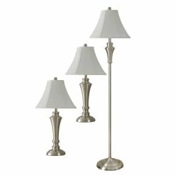 Cheapest 👍 StyleCraft Home Collection StyleCraft Brushed Steel Table And Floor Lamp Set - Geneva White Softback Fabric Shade (Set Of 3) 🌟