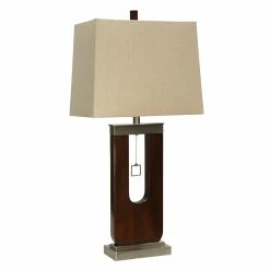 Best deal ⭐ StyleCraft Home Collection StyleCraft Burlingham Stained Wood And Stainless Table Lamp - Beige Hardback Fabric Shade 🧨