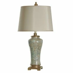 Discount 🤩 StyleCraft Home Collection StyleCraft Caledonia Blue And Gold Table Lamp - Cream Hardback Fabric Shade 😉