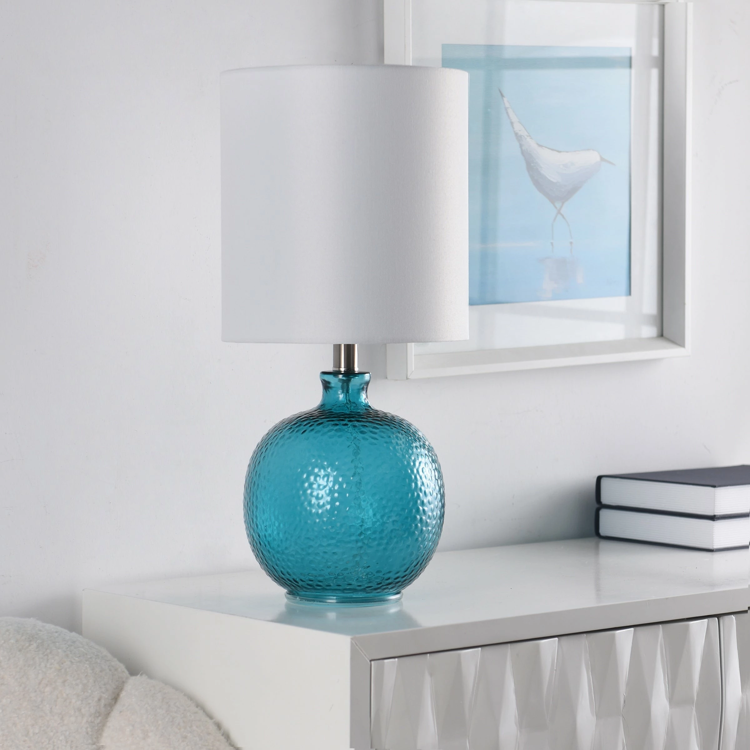 Deals ❤️ StyleCraft Home Collection StyleCraft Cerulean Blue Table Lamp - White Hardback Fabric Shade ⭐