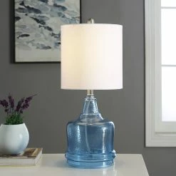 Budget 👏 StyleCraft Home Collection StyleCraft Cerulean With Glass Base Table Lamp - White Shade ✔️