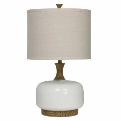 Wholesale 👍 StyleCraft Home Collection StyleCraft Chevelle Ceramic Natural Wood And White Table Lamp - Beige Hardback Fabric Shade 👏