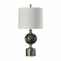 New 🎁 StyleCraft Home Collection StyleCraft Easton Contemporary Black And Brushed Steel Table Lamp - White Hardback Fabric Shade 🔔