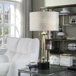 Outlet 😍 StyleCraft Home Collection StyleCraft Elmsdale Slim Brushed Brass Table Lamp With Custom Fabric Shade And Round Black Pedestal Base ✔️