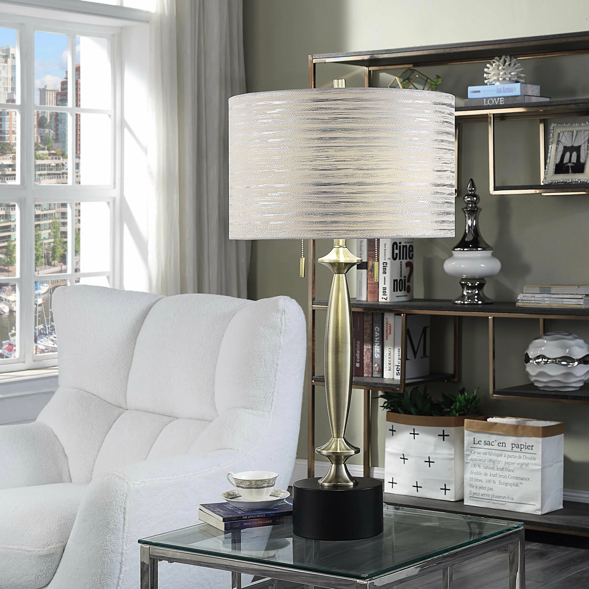 Outlet π StyleCraft Home Collection StyleCraft Elmsdale Slim Brushed Brass Table Lamp With Custom Fabric Shade And Round Black Pedestal Base βοΈ